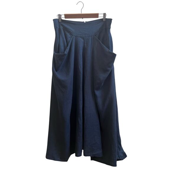 Yuvita Quotidian Blue Linen Pocket Midi Skirt Size XL Lagenlook Artsy - Picture 1 of 10